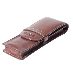 Leather pen case with flap closure over for 2 pens