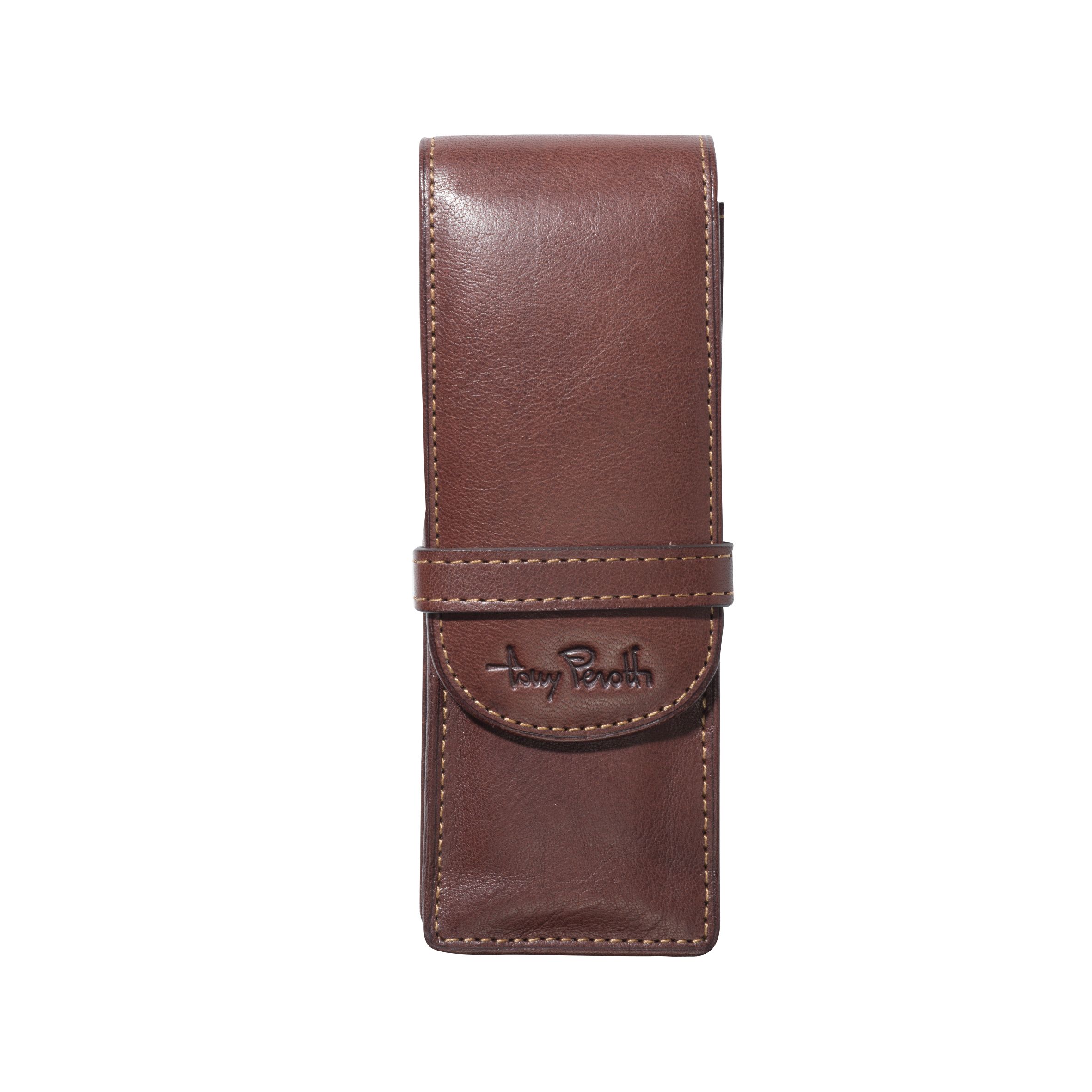 Leather Flap Pen Case for Two Pens - Brown