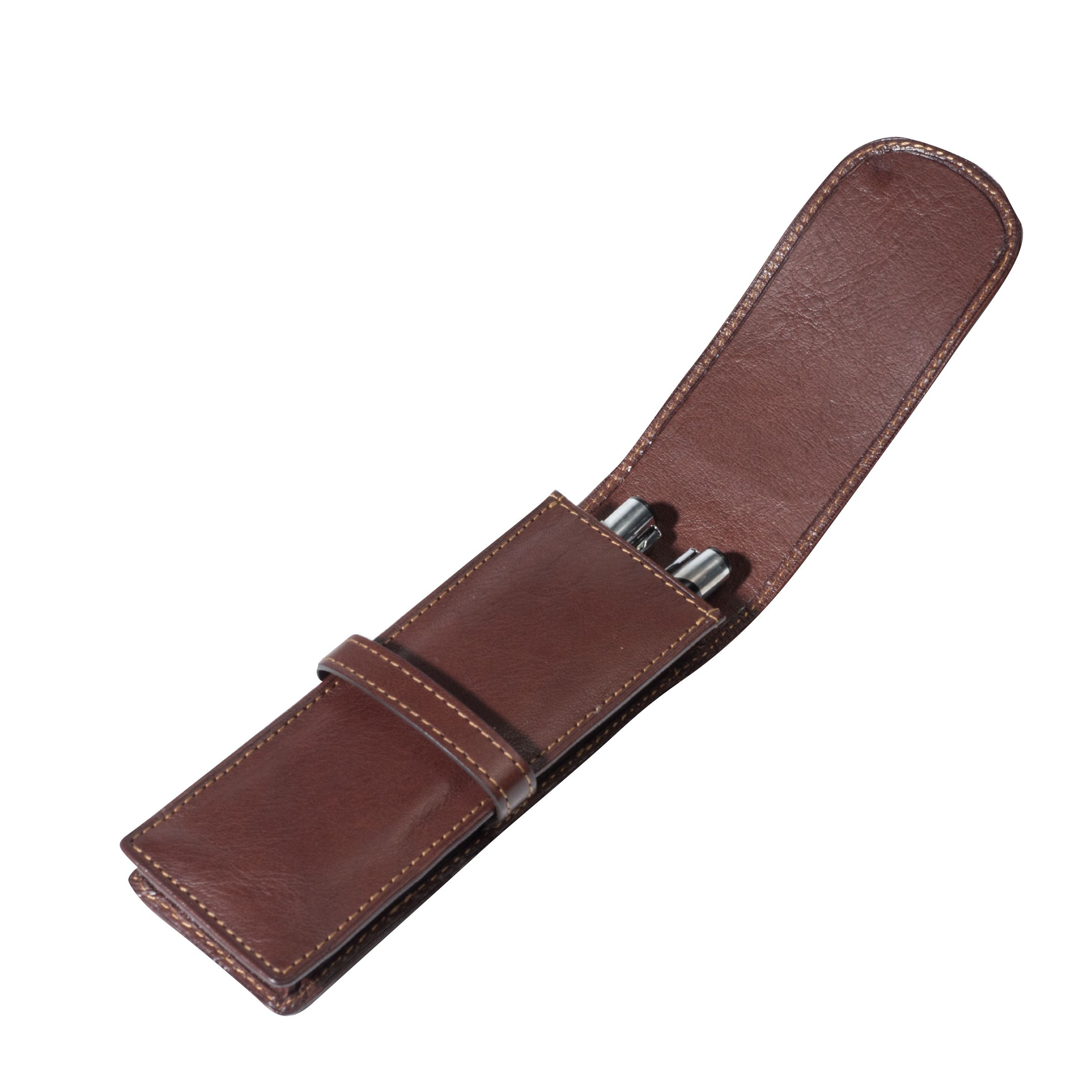 Leather Flap Pen Case for Two Pens - Brown